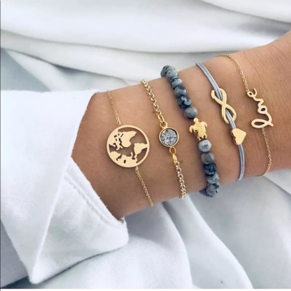 Trendy boho set of 5 chain bracelets love festival gold beaded bohemian - Picture 1 of 5